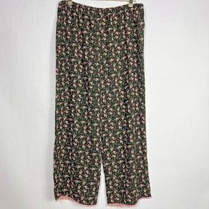 Sears Lounge Pants Womens XL Black Floral Ditsy Pull On Lace Hem Wide Leg